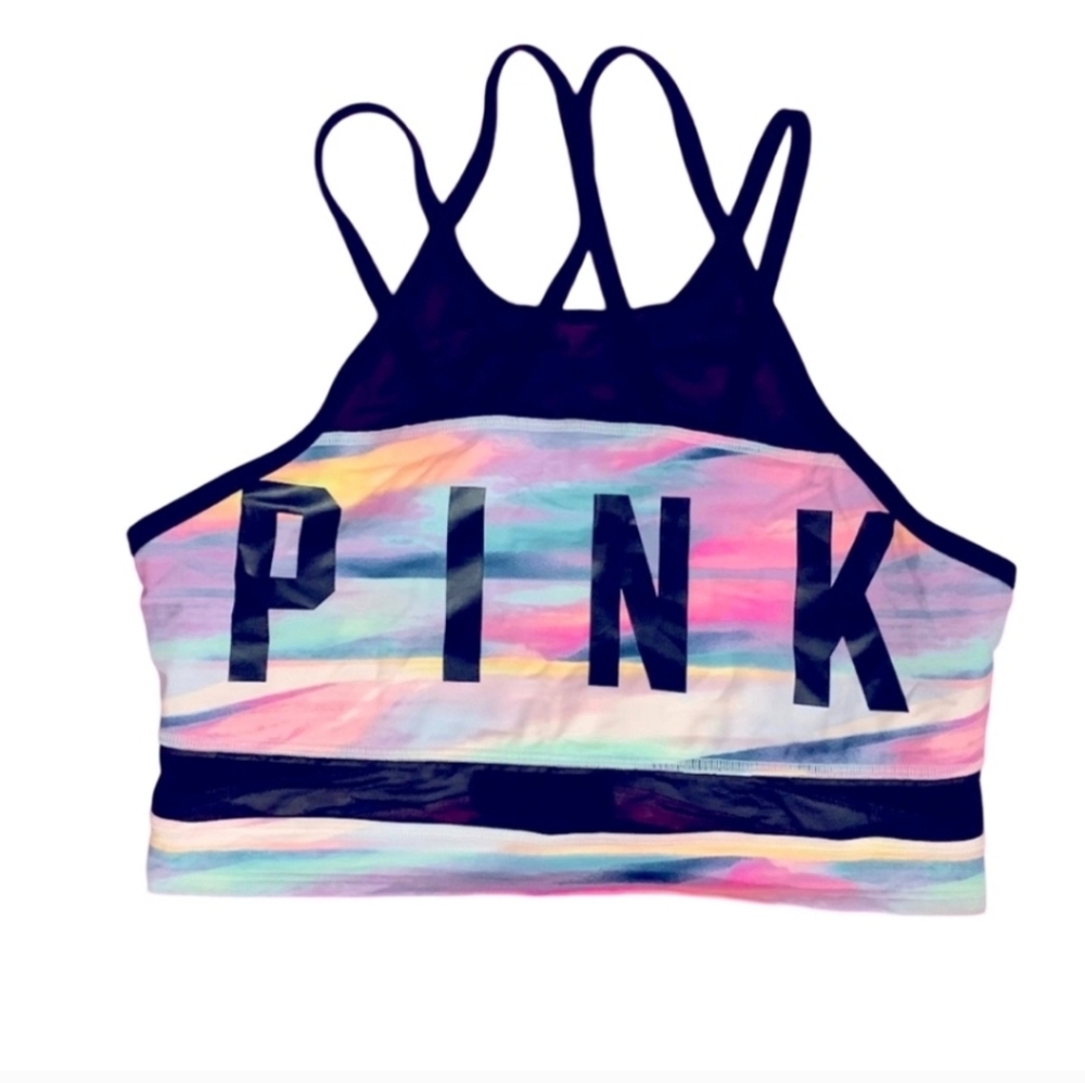 Victorias Secret PINK Ultimate High Neck Mesh Sport Bra Unlined Sunset Tie Dye L